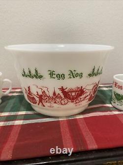 Vintage 11 Piece Egg Nog Punch Bowl Cup Set Hazel Atlas Milk Glass Currier Ives
