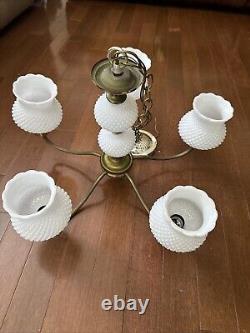 Vintage 14 Hobnail Milk Glass 5 Arm Chandelier Glass Ceiling Light Fixture