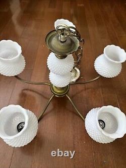 Vintage 14 Hobnail Milk Glass 5 Arm Chandelier Glass Ceiling Light Fixture