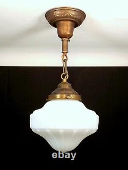 Vintage 1920 Satin White Milk Glass Globe Pendant Light Fixture Foyer Porch Hall