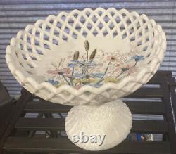 Vintage 1920's Fenton White Milk Glass Lattice Lace Compote w Wild Flowers