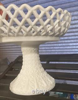 Vintage 1920's Fenton White Milk Glass Lattice Lace Compote w Wild Flowers