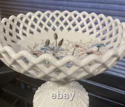 Vintage 1920's Fenton White Milk Glass Lattice Lace Compote w Wild Flowers