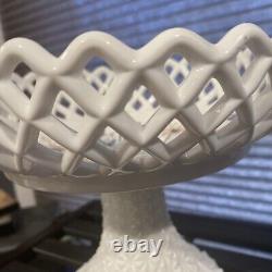 Vintage 1920's Fenton White Milk Glass Lattice Lace Compote w Wild Flowers