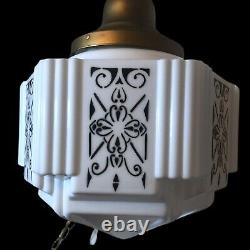 Vintage 1930's Art Deco Milk Glass Shade Ceiling Light Fixture Skyscraper