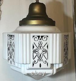 Vintage 1930's Art Deco Milk Glass Shade Ceiling Light Fixture Skyscraper