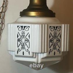 Vintage 1930's Art Deco Milk Glass Shade Ceiling Light Fixture Skyscraper