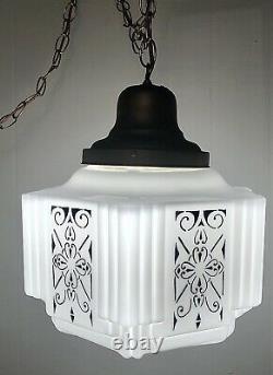 Vintage 1930's Art Deco Milk Glass Shade Ceiling Light Fixture Skyscraper