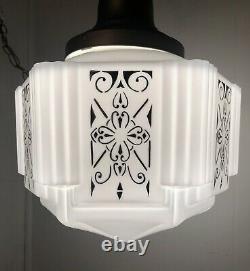 Vintage 1930's Art Deco Milk Glass Shade Ceiling Light Fixture Skyscraper