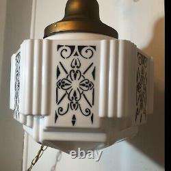 Vintage 1930's Art Deco Milk Glass Shade Ceiling Light Fixture Skyscraper