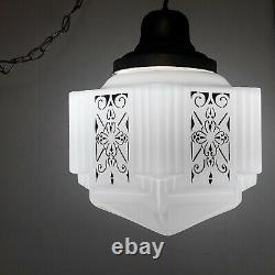 Vintage 1930's Art Deco Milk Glass Shade Ceiling Light Fixture Skyscraper