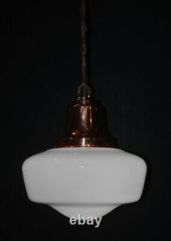 Vintage 1930s Rare Large Art Deco Opaline milk glass school house pendant light