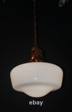 Vintage 1930s Rare Large Art Deco Opaline milk glass school house pendant light