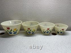 Vintage 1940s Set of 4 Fire King Ovenware Tulip Milk Glass Mixing Bowls
