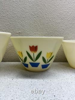 Vintage 1940s Set of 4 Fire King Ovenware Tulip Milk Glass Mixing Bowls