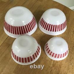 Vintage 1950's HAZEL ATLAS Red Candy Stripe 4-Pce Mixing Bowl Set Milk Glass HTF