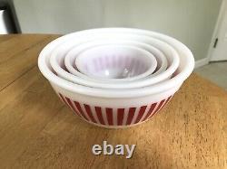 Vintage 1950's HAZEL ATLAS Red Candy Stripe 4-Pce Mixing Bowl Set Milk Glass HTF