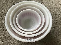 Vintage 1950's HAZEL ATLAS Red Candy Stripe 4-Pce Mixing Bowl Set Milk Glass HTF