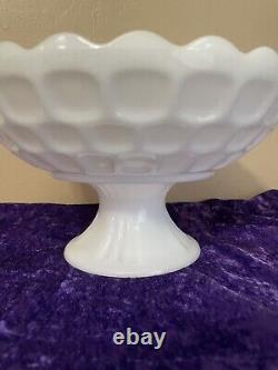 Vintage 1950s Milk Glass Pedestal Large Compote Fruit Bowl Scalloped Edge 10