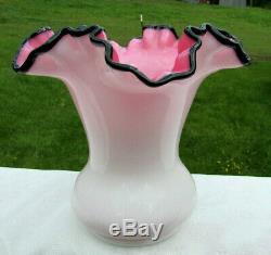 Vintage 1952 FENTON Black Rose Crest Ruffled Vase 6.75H MINTRare