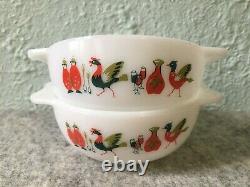 Vintage 1960s Pyrex JAJ England Fowl Play Chicken Tab Handle Milk Glass Bowls