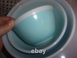 Vintage 1967 Pyrex blue Americana white band mixing bowls 401 402 403 HTF EUC