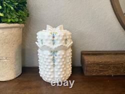 Vintage 1970's fenton milk glass bluebells flowers jam or candy jar