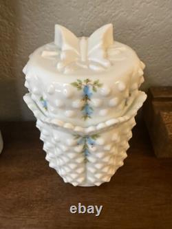 Vintage 1970's fenton milk glass bluebells flowers jam or candy jar