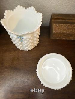 Vintage 1970's fenton milk glass bluebells flowers jam or candy jar