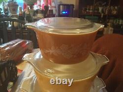 Vintage 1979 PYREX Butterfly Gold Set/3 Lidded Casserole Bowls 473, 474, & 475