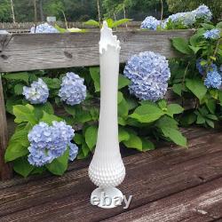 Vintage 22-Inch Tall White Hobnail Milk Glass Swung Vase With Scalloped Edge