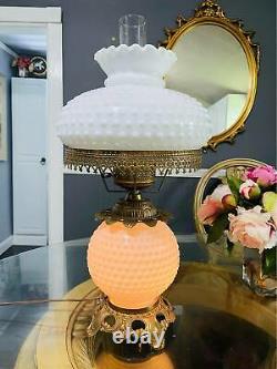 Vintage 3-Way Hobnail White Milk Glass Hurricane Table Lamp