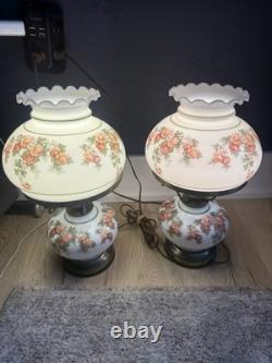 Vintage 3-Way Hurricane Gone With the Wind Table Lamp White Milk Glass with Roses