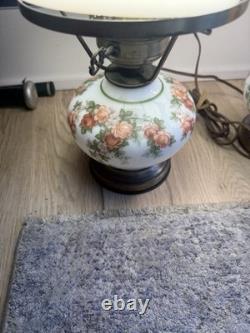 Vintage 3-Way Hurricane Gone With the Wind Table Lamp White Milk Glass with Roses