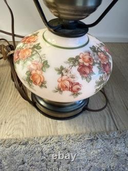 Vintage 3-Way Hurricane Gone With the Wind Table Lamp White Milk Glass with Roses