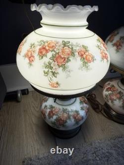 Vintage 3-Way Hurricane Gone With the Wind Table Lamp White Milk Glass with Roses