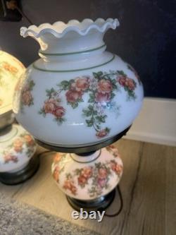 Vintage 3-Way Hurricane Gone With the Wind Table Lamp White Milk Glass with Roses