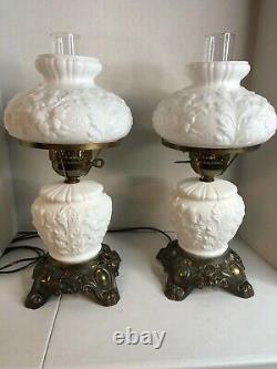 Vintage 3 Way Hurricane Lamps Milk White with Flowers 17.5