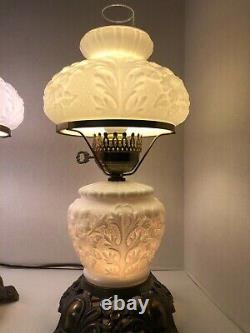 Vintage 3 Way Hurricane Lamps Milk White with Flowers 17.5