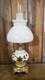 Vintage 3 Way White Milk Glass & Brass Hurricane Lamp Brass Floral Pattern