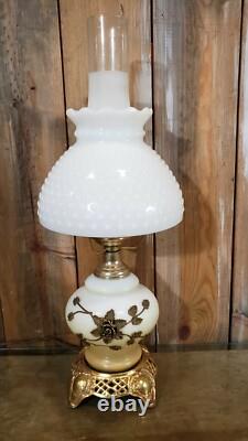 Vintage 3 Way White Milk Glass & Brass Hurricane Lamp Brass Floral Pattern