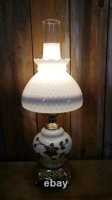 Vintage 3 Way White Milk Glass & Brass Hurricane Lamp Brass Floral Pattern
