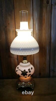 Vintage 3 Way White Milk Glass & Brass Hurricane Lamp Brass Floral Pattern