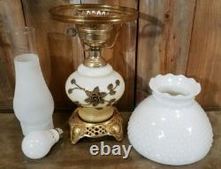 Vintage 3 Way White Milk Glass & Brass Hurricane Lamp Brass Floral Pattern