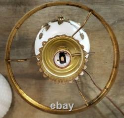 Vintage 3 Way White Milk Glass & Brass Hurricane Lamp Brass Floral Pattern