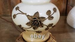Vintage 3 Way White Milk Glass & Brass Hurricane Lamp Brass Floral Pattern