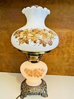 Vintage 3 Way White Milk Glass & Brass Hurricane Lamp With Floral Pattern 18.5