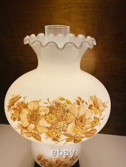 Vintage 3 Way White Milk Glass & Brass Hurricane Lamp With Floral Pattern 18.5