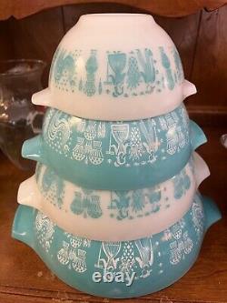 Vintage 4 Pyrex Amish Butterprint Cinderella Mixing Bowls Turquoise/White EXC