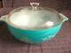 Vintage 443 Pyrex Bowl & Lid Needlepoint Turquoise 1958 Embroidery 2 1/2 Qt